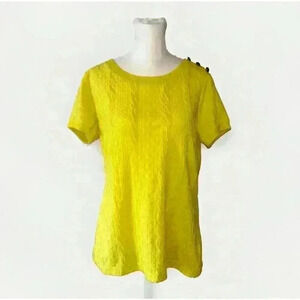 Lands End Womens Medium Top Sweater Short Sleeve Cable Knit Yellow Button